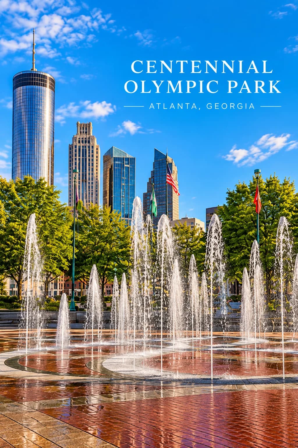 Centennial Olympic Park fountains below the downtown Atlanta skyline