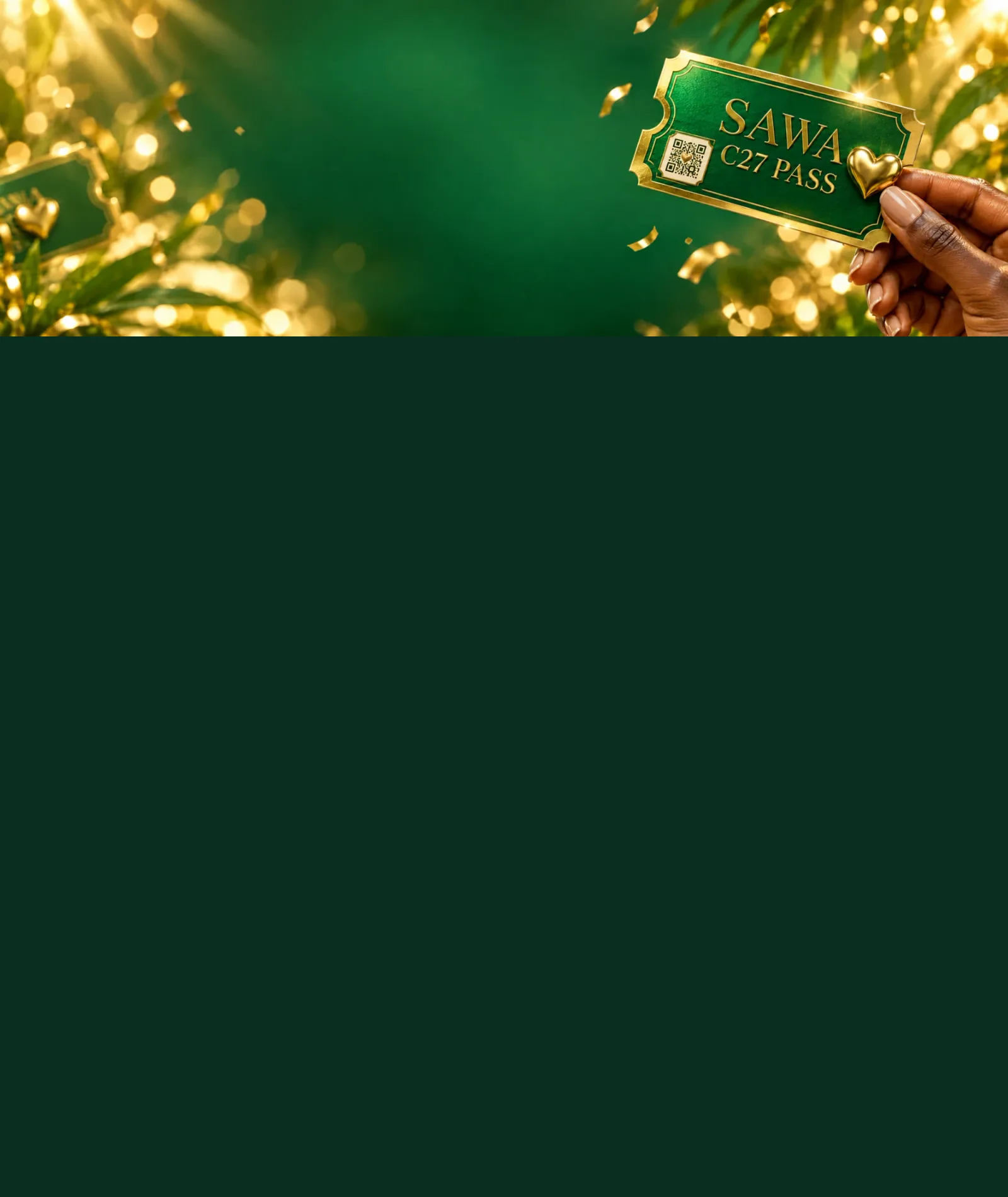 Illustration of a green and gold Sawa C27 Pass held in hand, with a decorative QR code pattern