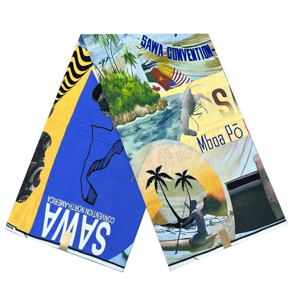 Official Sawa Convention North America fabric, folded and printed with blue and yellow patterns